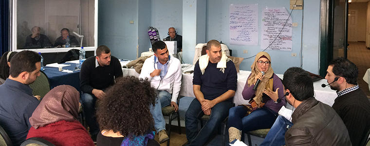 Palestinian NGO leaders participate in a facilitation training, including dialogue skills, in Ramallah, March 2014.