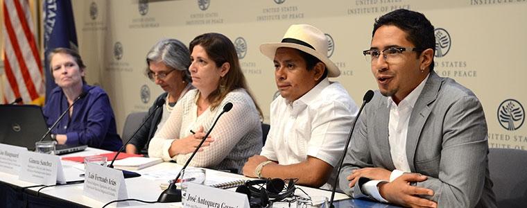 Pictured left to right, Virginia Bouvier (USIP), Lisa Haugaard (LAWGEF), Gimena Sanchez (WOLA), Luis Fernando Arias (ONIC), and José Antequera Guzmán (Hijos e Hijas).