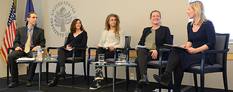 Panelists at a USIP event, "Refusing to be Enemies" at Israel's Hand in Hand Schools, on Dec. 18, 2014. From left: Ned Lazarus; Inbar Shaked Vardi; Mouran Ibrahim; Rebecca Bardach; Lucy Kurtzer-Ellenbogen.