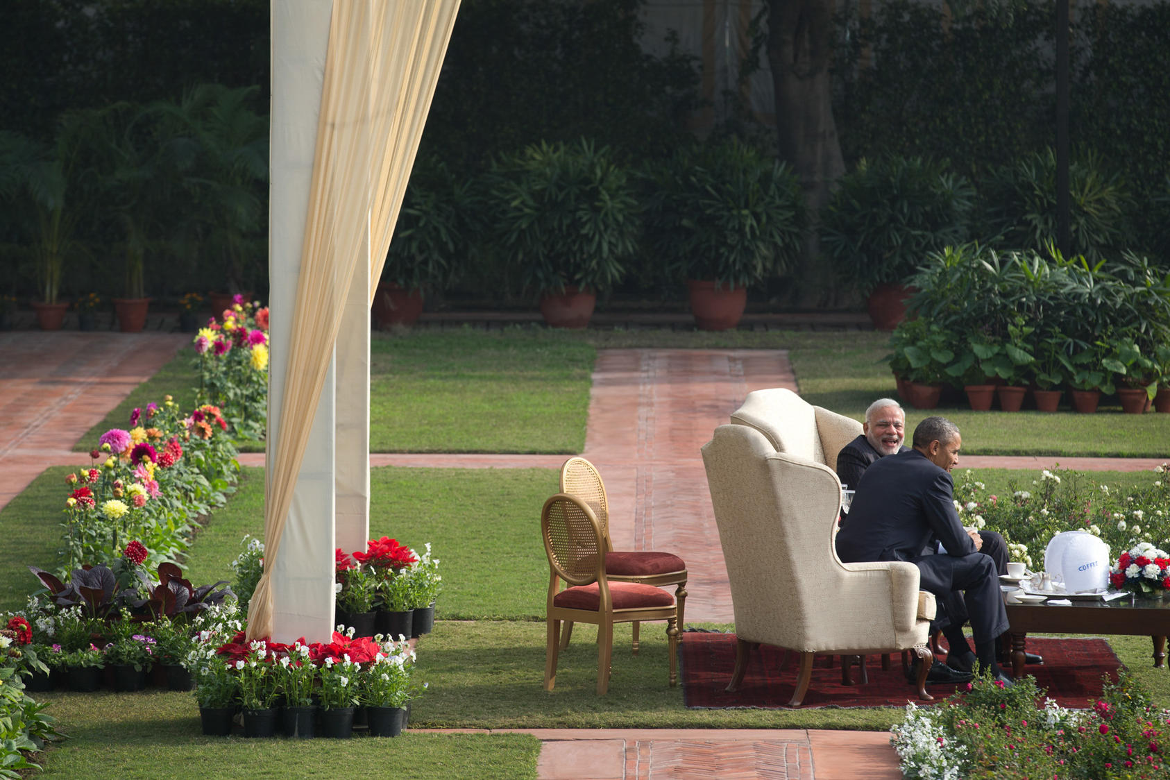 President Barack Obama and Prime Minister Narendra Modi have tea at Hyderabad House in New Delhi, Jan. 25, 2015. Obama swept aside past friction with India on Sunday to report progress on climate change and civilian nuclear power cooperation as he sought to transform a fraught relationship marked by suspicion into an enduring partnership linking the world’s oldest and largest democracies. (Stephen Crowley/The New York Times)