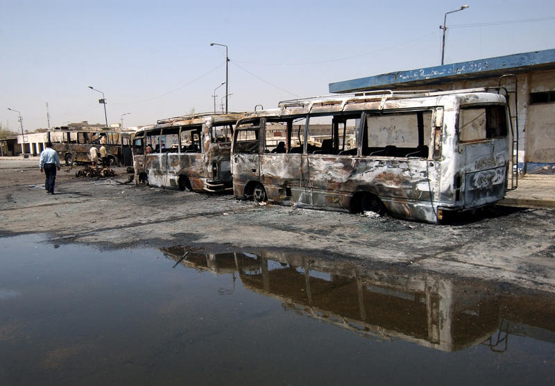 Buses parked near a terminal in central Baghdad were destroyed by two car bombs at 7:50 a.m. August 17, 2005.