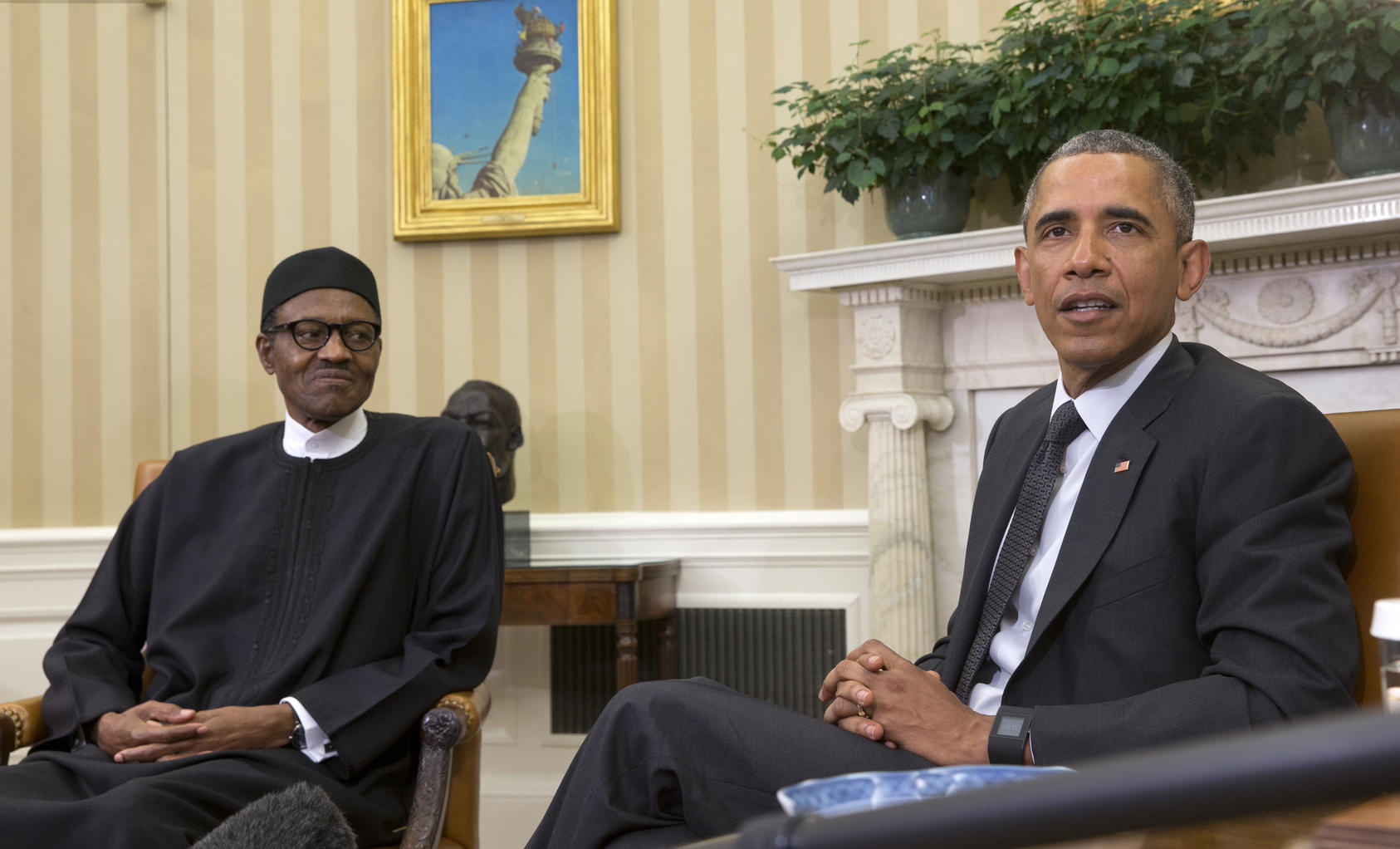 Nigerian President Muhammadu Buhari and President Barack Obama during a meeting in the Oval Office at the White House in Washington, July 20, 2015. Buhari met with Obama to strengthen relations and to discuss the fight against Boko Haram, an Islamic extremist group carrying out deadly rampages across northern Nigeria.