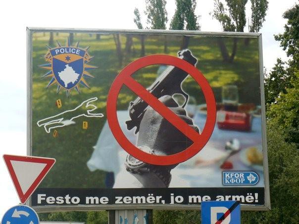 One of the many billboards Celena came across in Kosovo. Loosely translated,  'Win with the heart and not with weapons!'