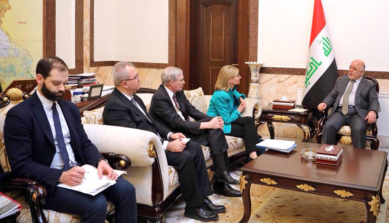 Nancy Lindborg, Stephen J. Hadley, Sarhang Hamasaeed and Osama Gharizi meet with Prime Minister Haider al-Abadi, February 8, 2018