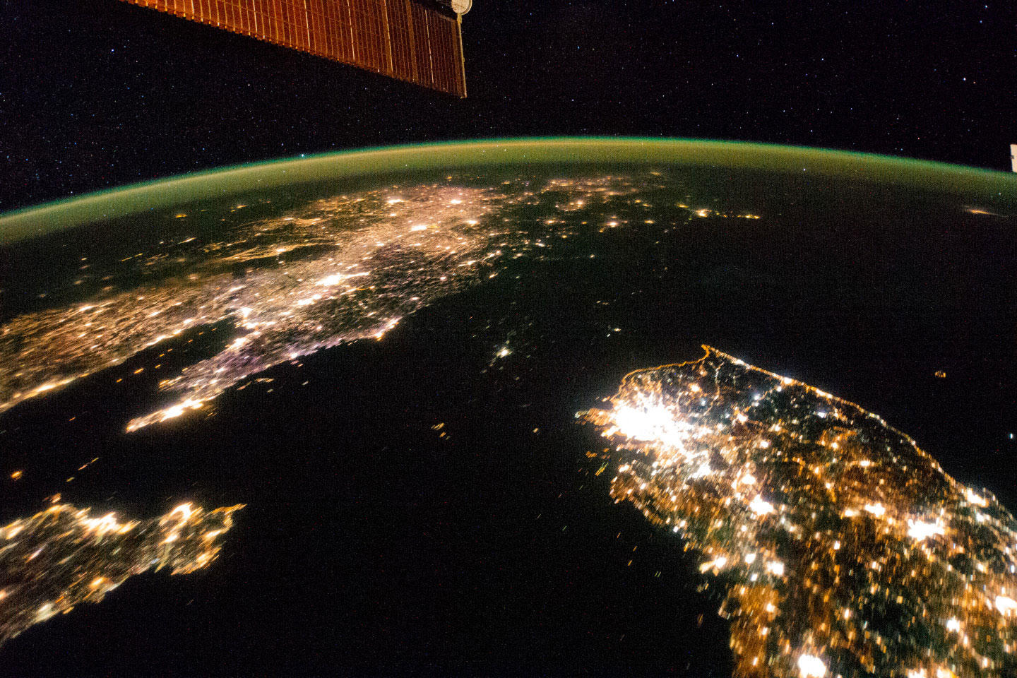 the Korean peninsula, with North Korea mostly dark save for Pyongyang