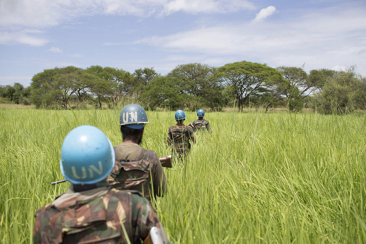 United Nations peacekeepers patrol outside Gumuruk, South Sudan