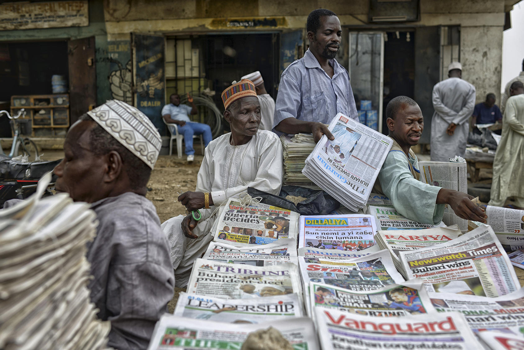 Newspaper vendors a day after election results in Kano, northern Nigeria, April 1, 2015.