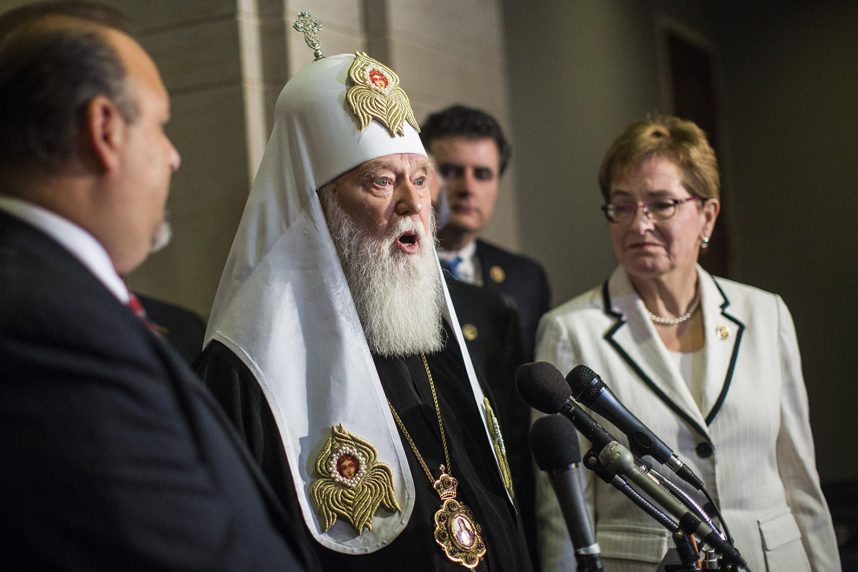 Patriarch Filaret, center, heads the Ukrainian Orthodox Church-Kyiv Patriarchate, the largest Ukrainian congregation seeking independence from Moscow. He spoke in Washington in 2015. (Jabin Botsford/The New York Times)