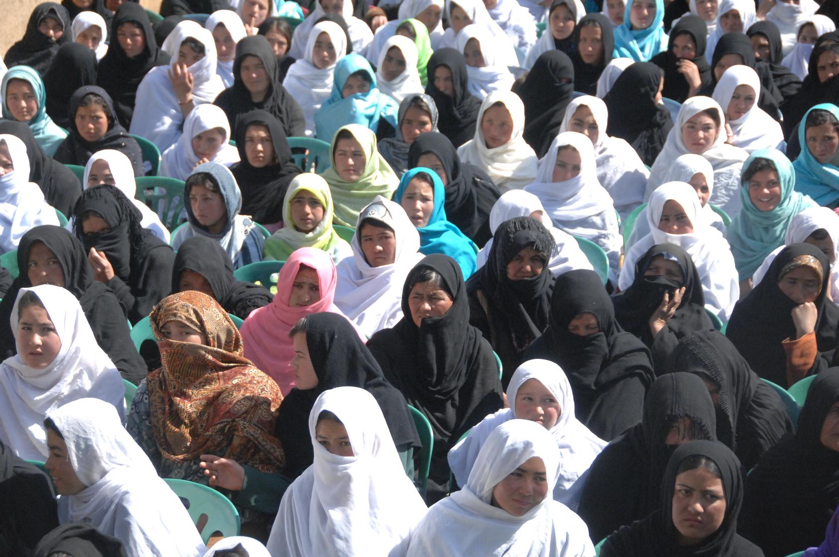 Afghan women in rural Daikundi province attend a rally in 2010. Rural women are vital for a dialogue with the Taliban that can achieve peace with respect for women’s rights, says activist and negotiator Ayesha Aziz. (TSgt C.A. Cheney-CJSTF Afghanistan)