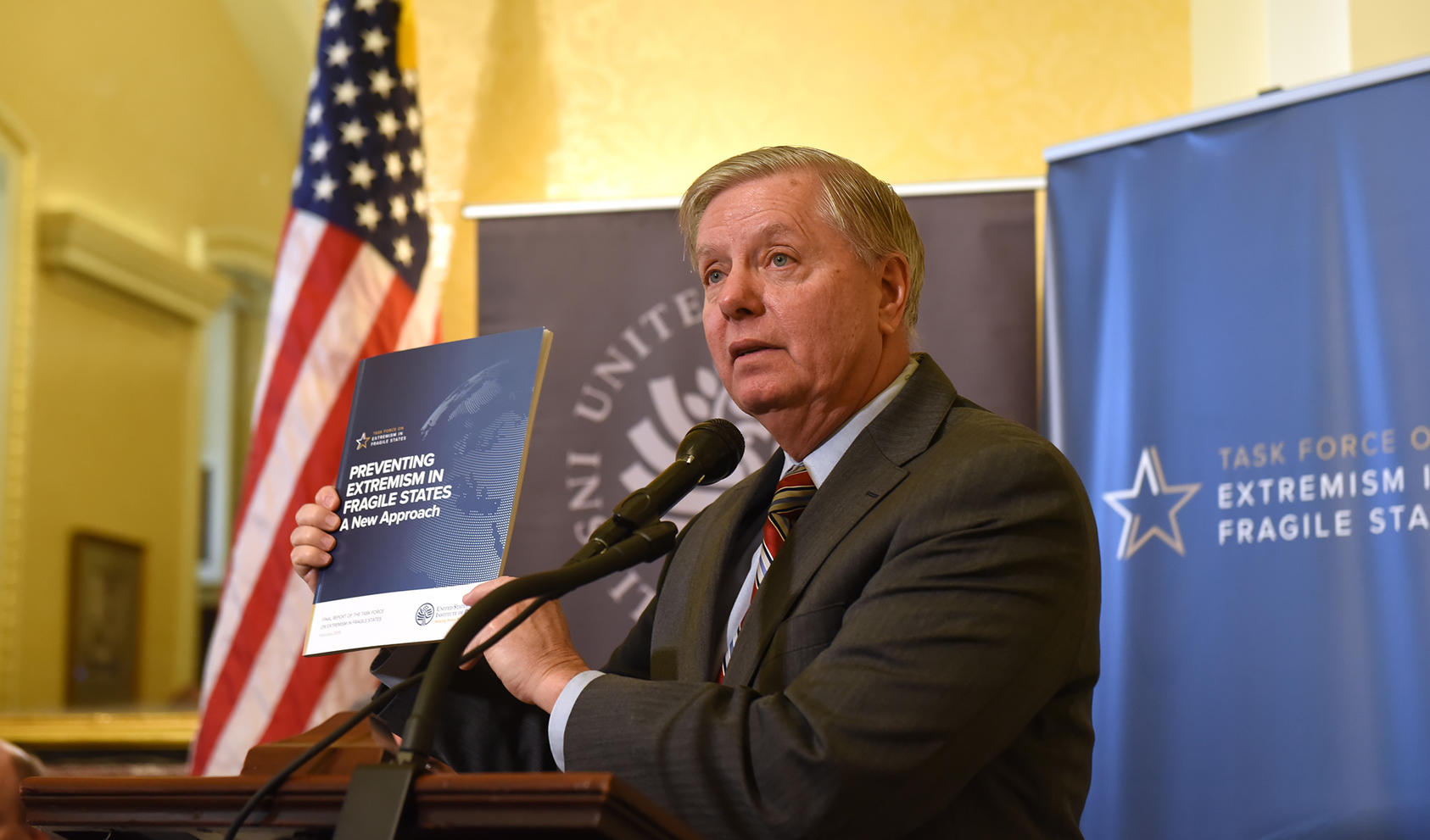 Senator Lindsey Graham (R-SC) addresses the audience at a press conference announcing the launch of the final report from Task Force on Extremism in Fragile States, February 26, 2019.