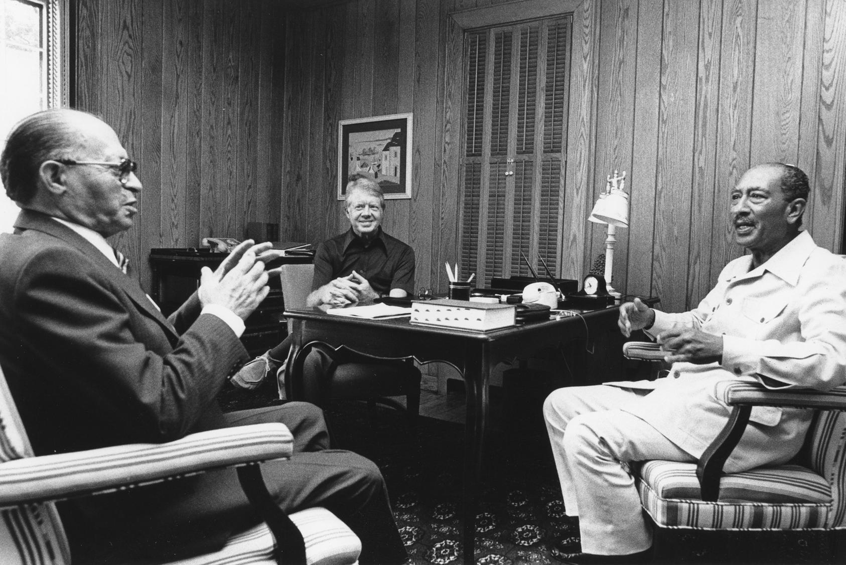 Israeli Prime Minister Menachem Begin, Egyptian President Anwar Sadat and U.S. President Jimmy Carter at Camp David, Sept. 5, 1978. (Photo: William Fitz-Patrick)