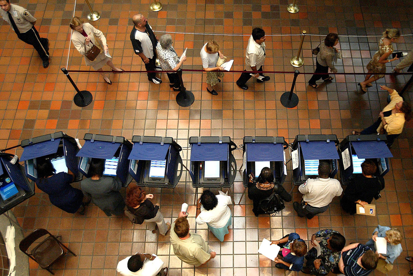 An overhead view of electronic voting machines in Miami, FL. (Vincent Laforet/The New York Times)