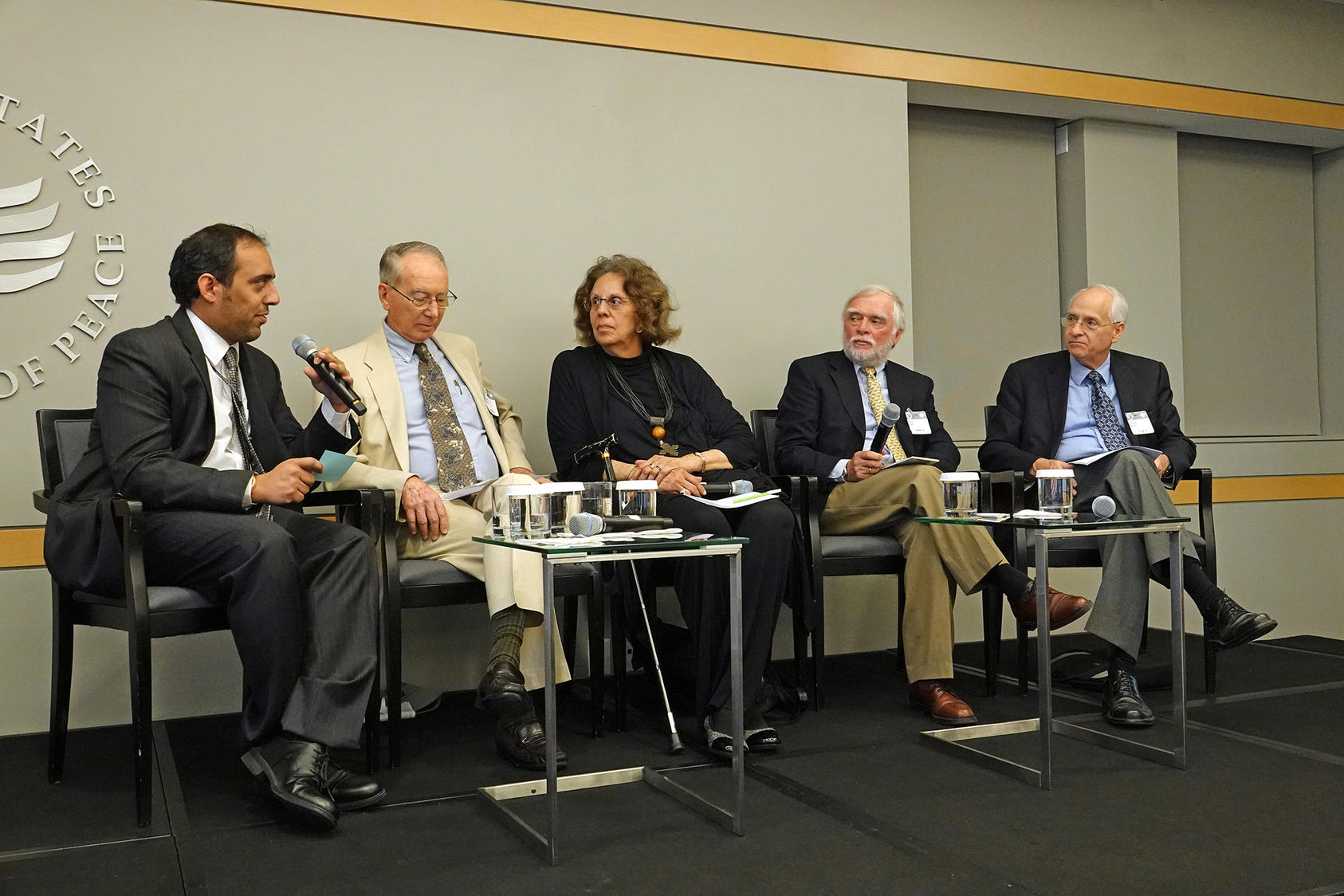 From left to right: USIPâs Aly Verjee; Amb. David Shinn, Amb. Aurelia Brazil, Amb. Marc Baas, and Amb. Donald Booth at USIP.