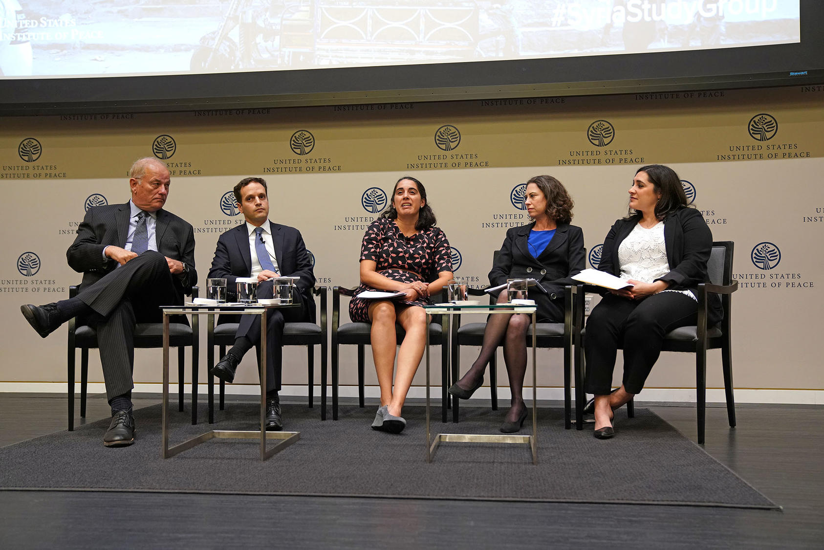 Members of the Syria Study Group discuss the report: From left, Ambassador Fred Hof, Vance Serchuk, Melissa Dalton, Kimberly Kagan, Dana Stroul.