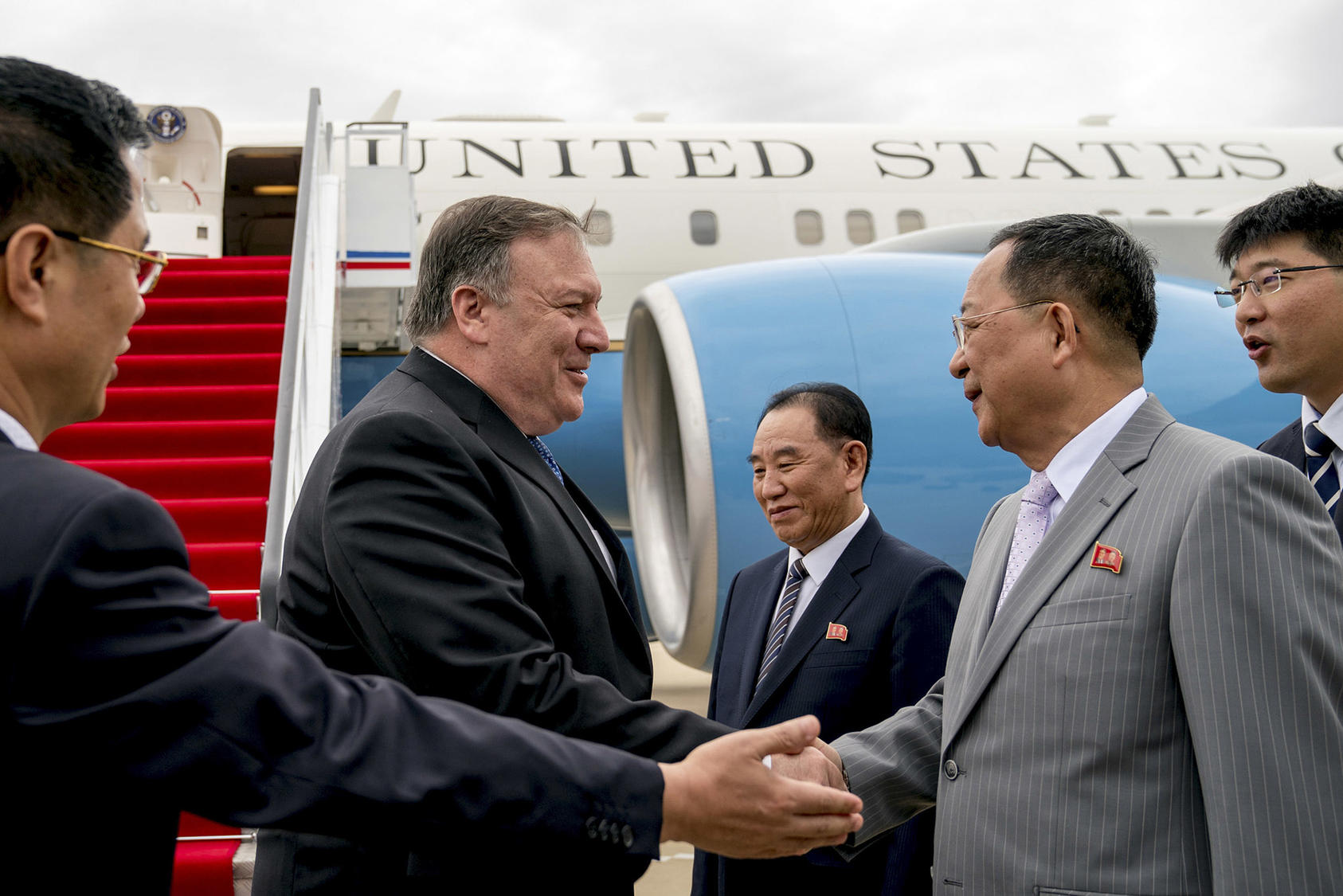 Secretary of State Mike Pompeo, second from left, meets Foreign Minister Ri Yong Ho and other North Korean officials at the airport in Pyongyang, North Korea, July 6, 2018. (Andrew Harnik/ The New York Times)