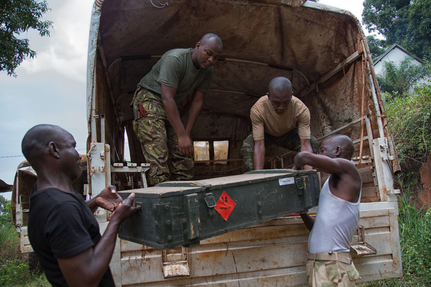 Members of the U.N. mission in CAR loading rockets that will be destroyed on a truck. UN Photo/Nektarios Markogiannis)
