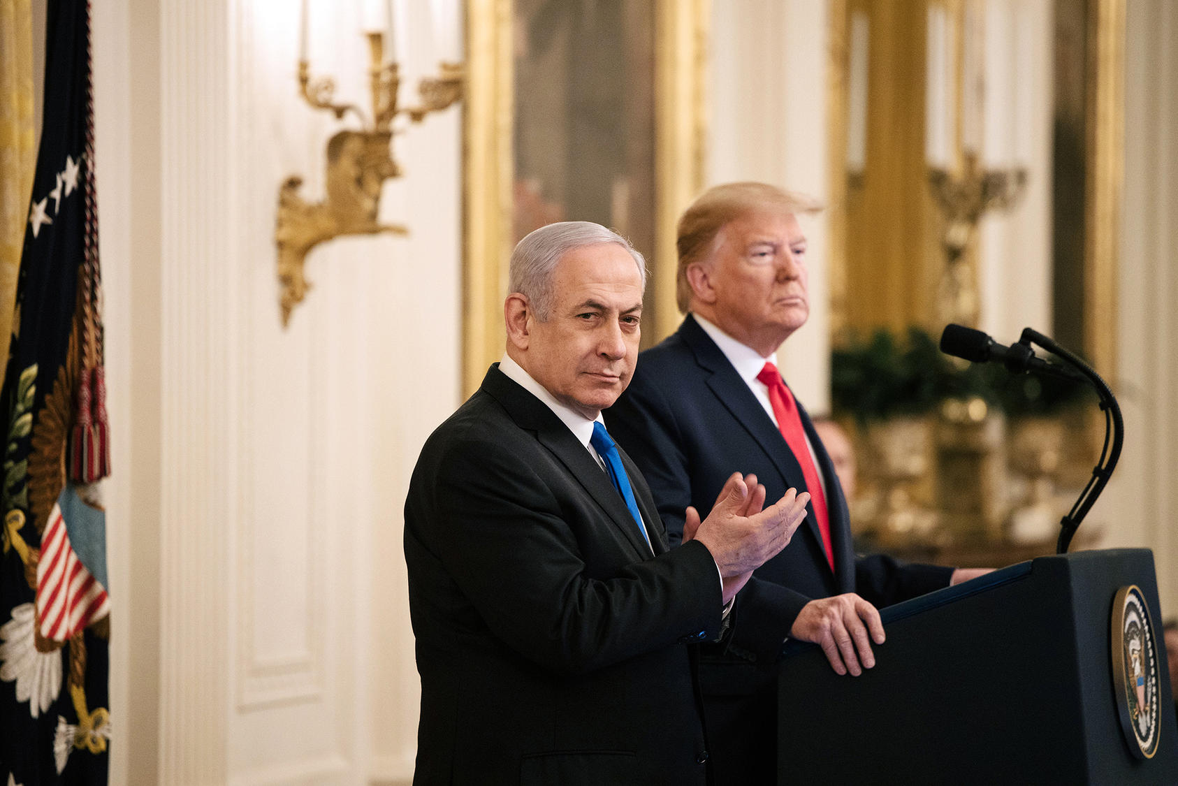 President Donald Trump and Israeli Prime Minister Benjamin Netanyahu at the White House on Tuesday, Jan. 28, 2020. (Alyssa Schukar/The New York Times) 