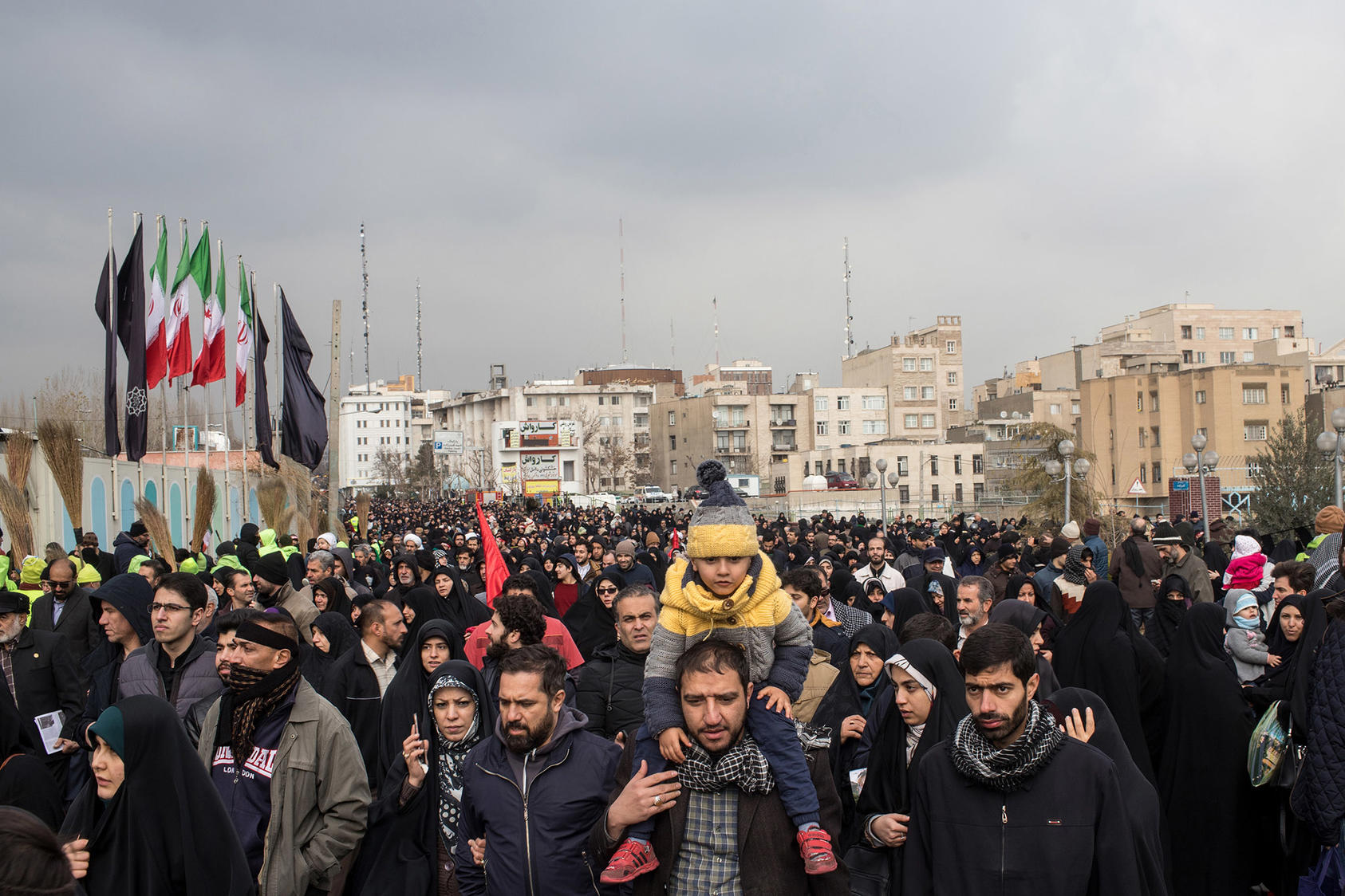 People fill a street in Tehran, Iran, after a sermon by Ayatollah Ali Khamenei, his first Friday sermon in eight years, Jan. 17, 2020. (Arash Khamooshi/The New York Times)