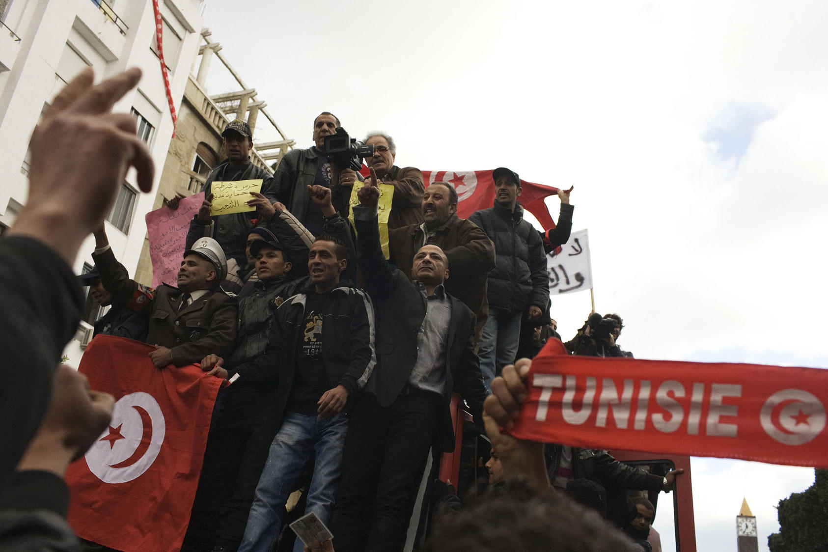 Officers of Tunis' central artery, Avenue Bourguiba, organize a protest in Tunis, Tunisia, Jan. 22, 2011. (Moises Saman/The New York Times)