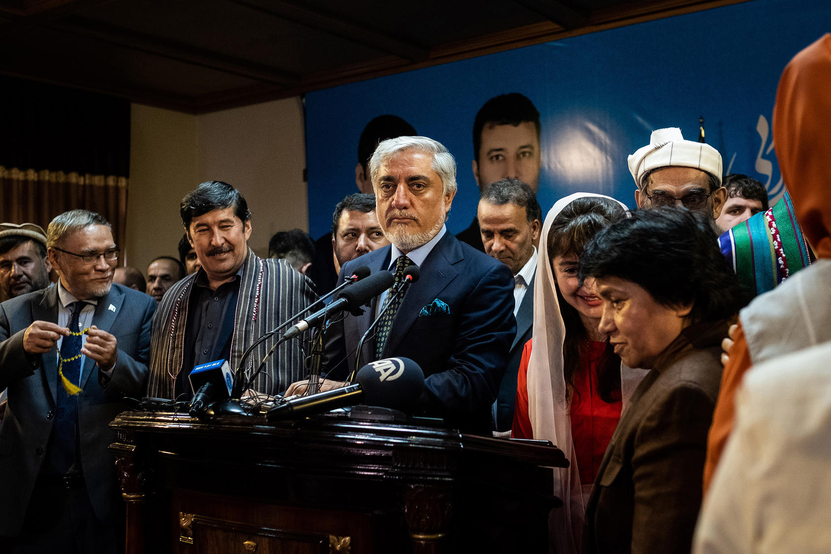 Abdullah Abdullah, the chairman of the recently established High Council of National Reconciliation, addresses a news conference in Kabul, Afghanistan, on Monday, Sept. 30, 2019. (Jim Huylebroek/The New York Times)