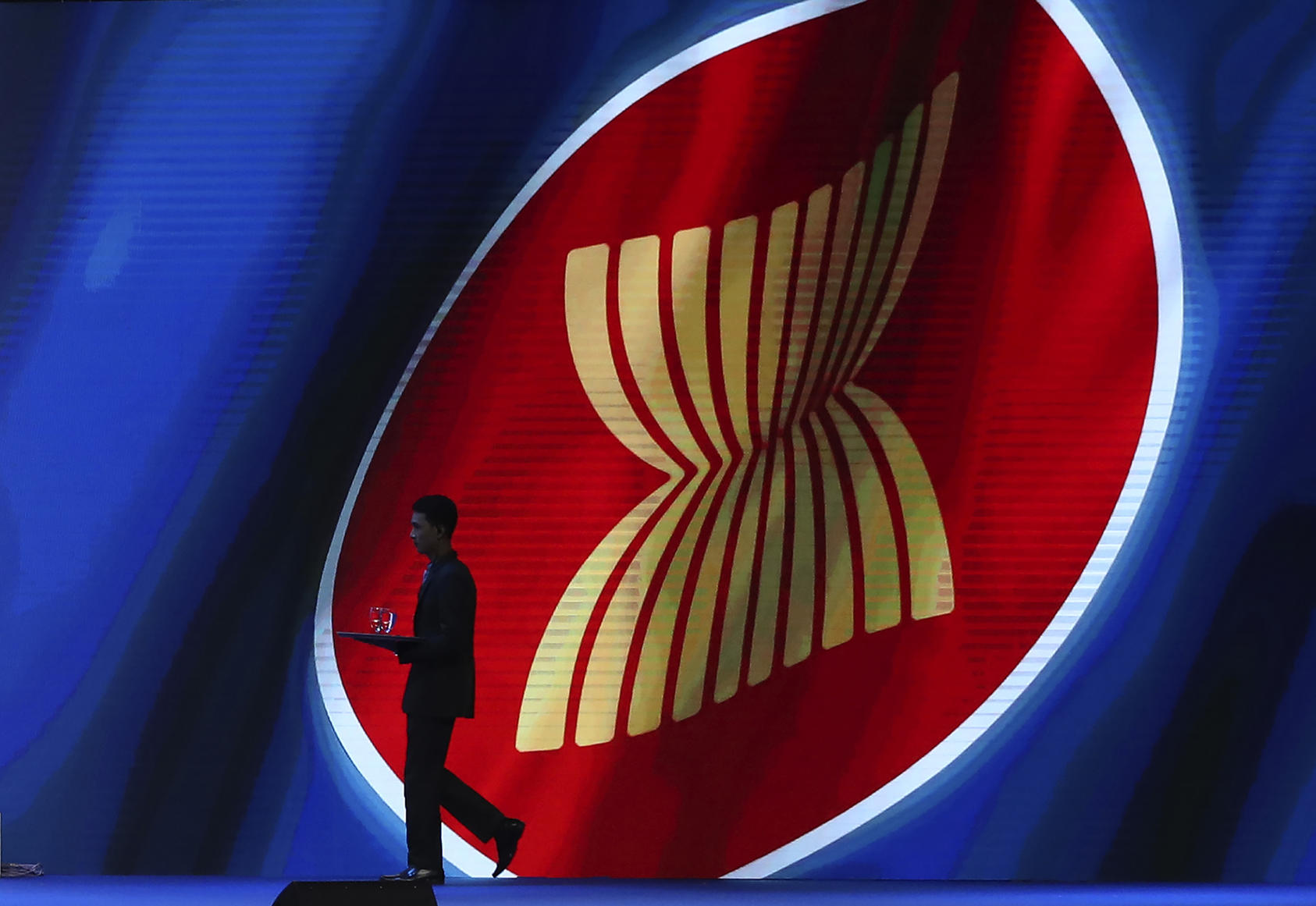 The ASEAN logo seen at the association’s Business and Investment Summit (ABIS) in Nonthaburi, Thailand, on November 2, 2019. (Photo by Aijaz Rahi/AP)