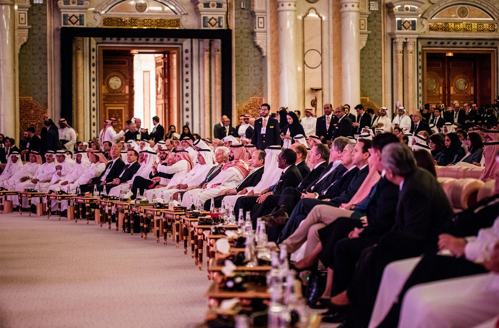 Crown Prince Mohammed bin Salman, center, at the Future Investment Initiative in Riyadh, Saudi Arabia, Oct. 26, 2017. (Tasneem Alsultan/The New York Times)