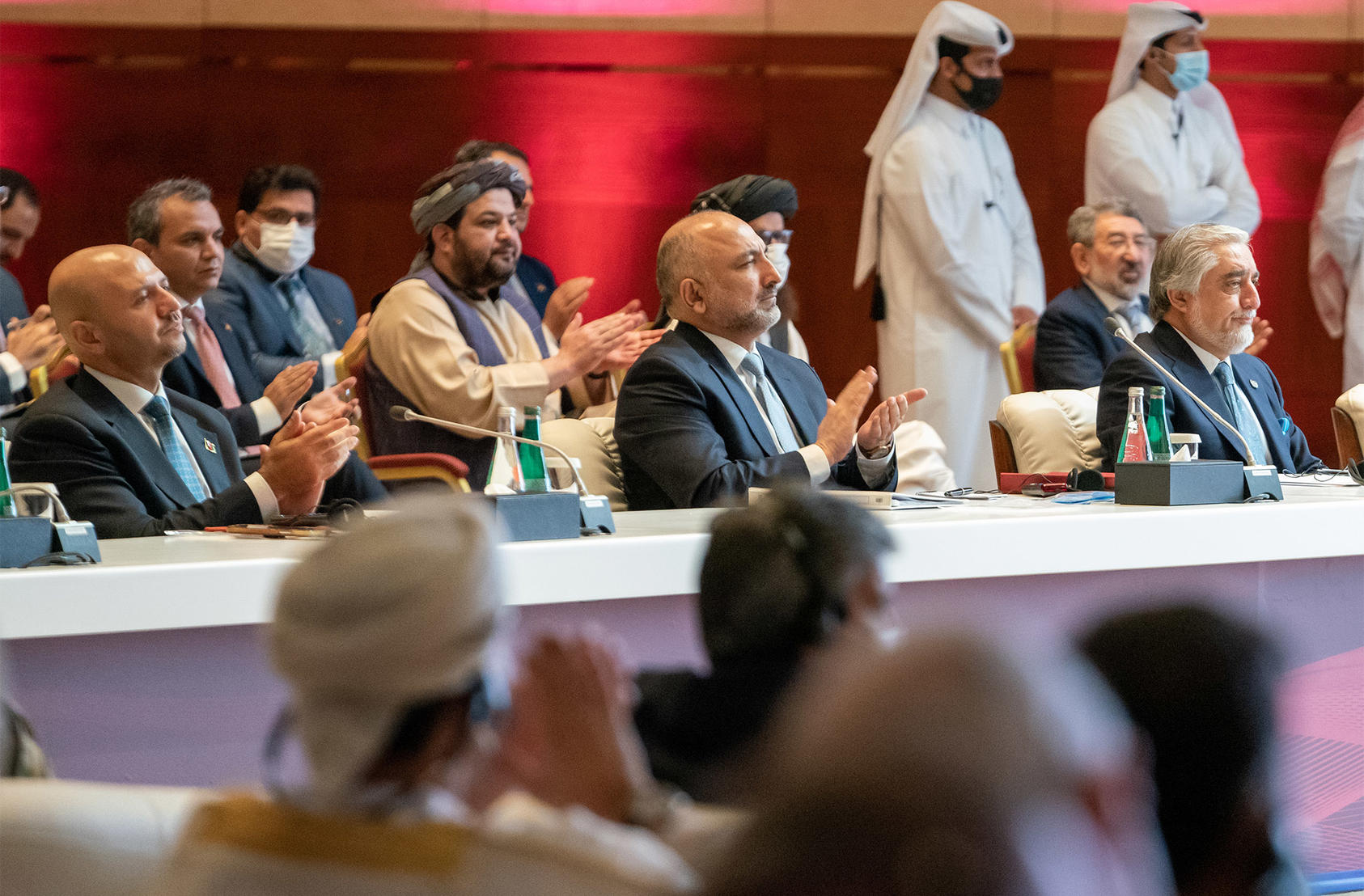 Members of the Afghan government delegation, including Abdullah Abdullah, the chairman of the High Council for National Reconciliation, during the opening of intra-Afghan negotiations in Doha, Qatar, Sept. 12, 2020. (Ron Przysucha /U.S. State Department)