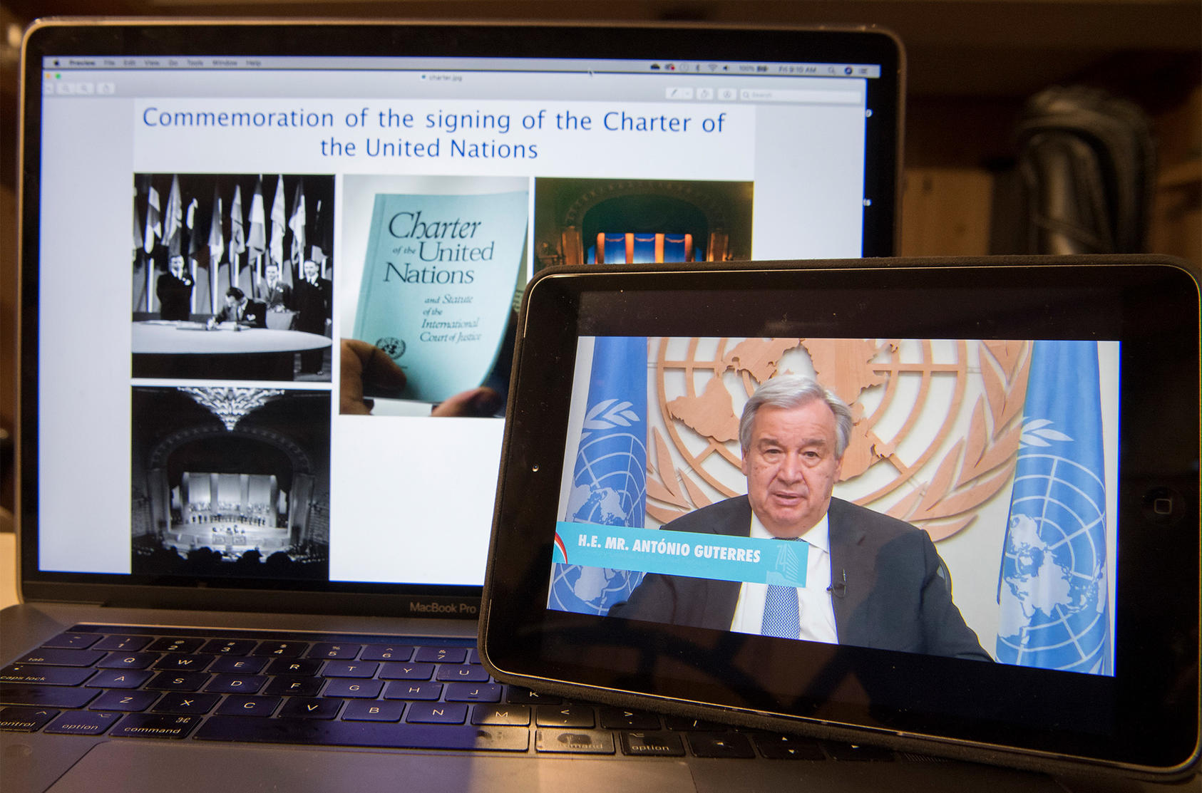 Secretary-General António Guterres addresses the virtual commemoration of the signing of the Charter of the United Nations on the occasion of U.N. Charter Day. (U.N. Photo/Eskinder Debebe)