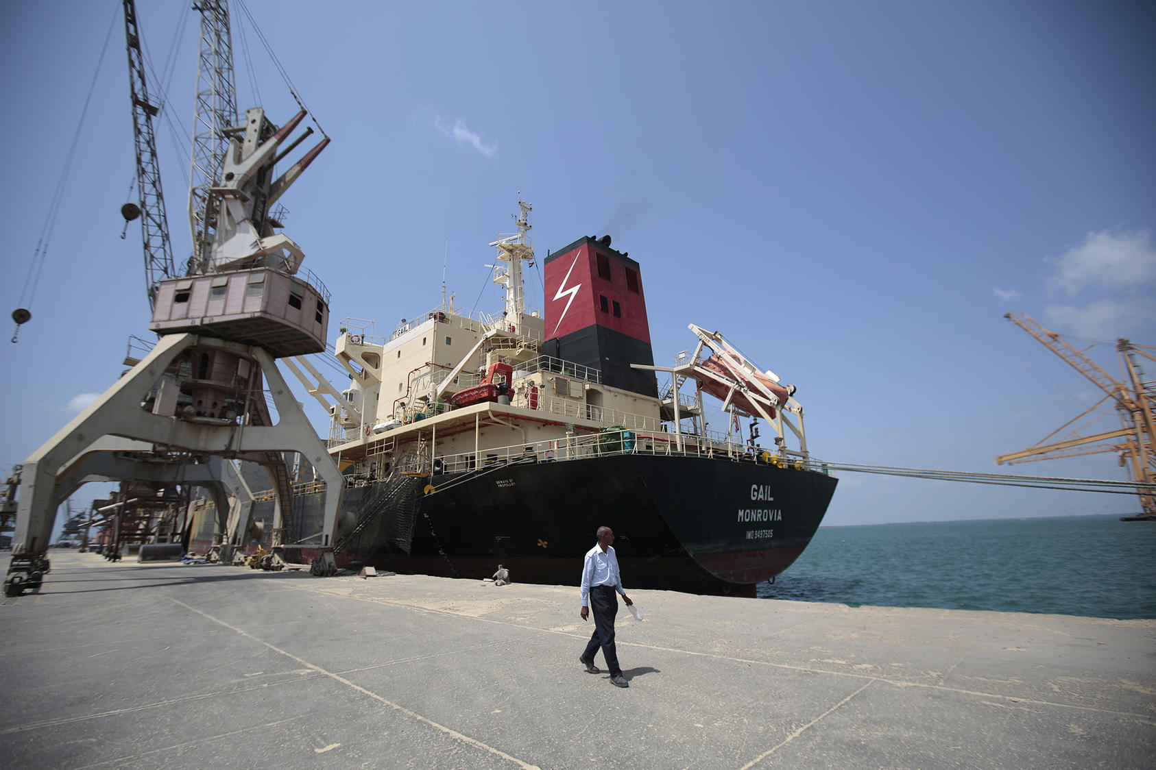 A cargo ship docked at the port in Hodeida, Yemen, on September 29, 2018. (Hani Mohammed/AP)
