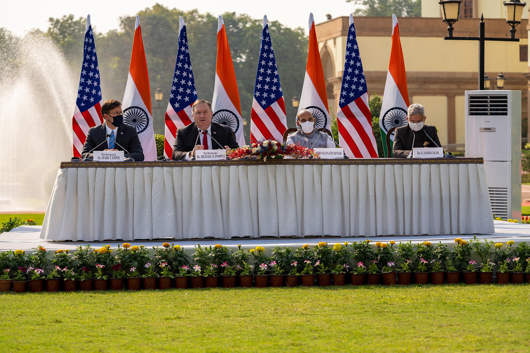 Secretary Pompeo and former Defense Secretary Mark Esper at the joint U.S.-India 2+2 Ministerial Dialogue with India’s external affairs and defense ministers, in New Delhi, India, on October 27, 2020. (Ron Przysucha/U.S. State Department)