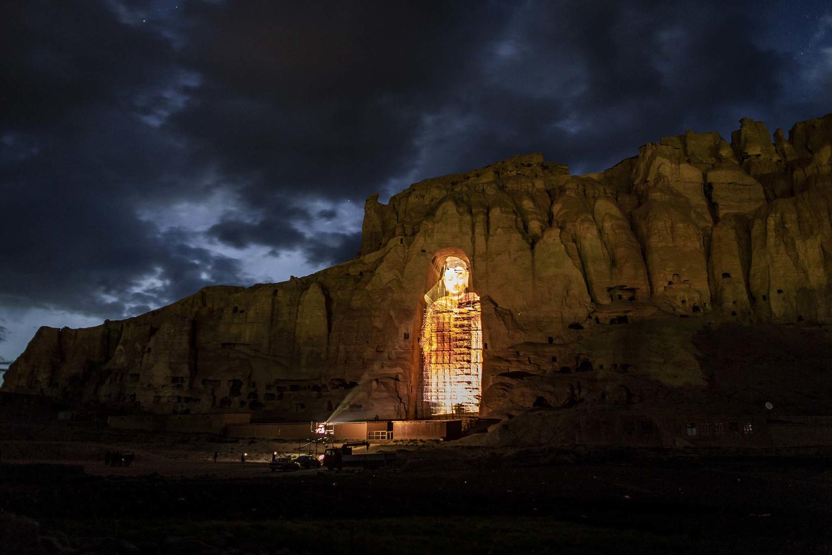 A 3-D projection of how a destroyed Buddha might have looked in Bamiyan, Afghanistan, May 20, 2019. The Taliban destroyed the two giant statues in March 2001. (Jim Huylebroek/The New York Times)