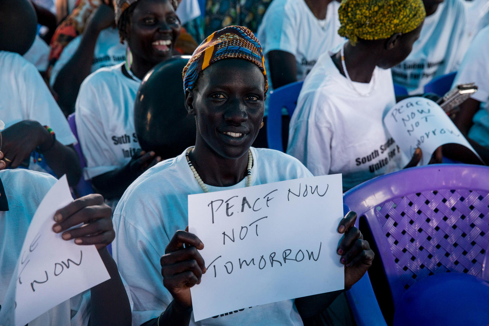 Women at the Protection of Civilians site in Juba call for peace