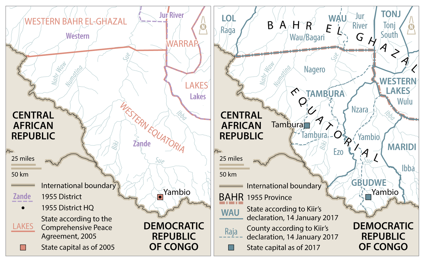 Boundaries of Western Equatoria, Tambura and Gbudwe, 1955-2017 (Credit: MAPgrafix 2019/OpenStreetMap)