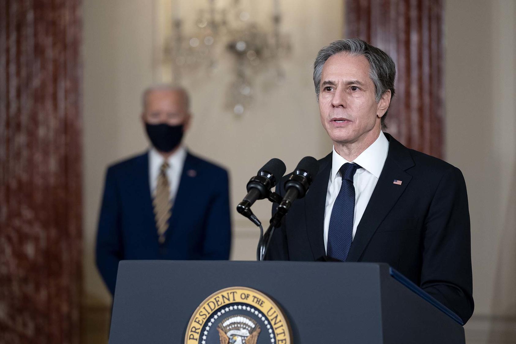 A leaked letter from Secretary of State Blinken to Afghan President Ghani proposed new efforts to bolster the Afghan peace process, including the formation of an interim power-sharing government, and warned that the U.S. is still considering withdrawing troops in May. (Stefani Reynolds/The New York Times)