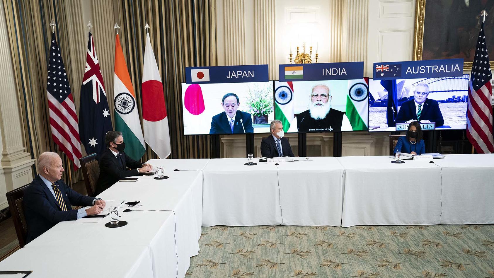 President Biden and Vice President Harris meet virtually with Prime Minister Yoshihide Suga of Japan, Prime Minister Narendra Modi of India and Prime Minister Scott Morrison of Australia at the White House in Washington, March 12, 2021. (Doug Mills/The New York Times)