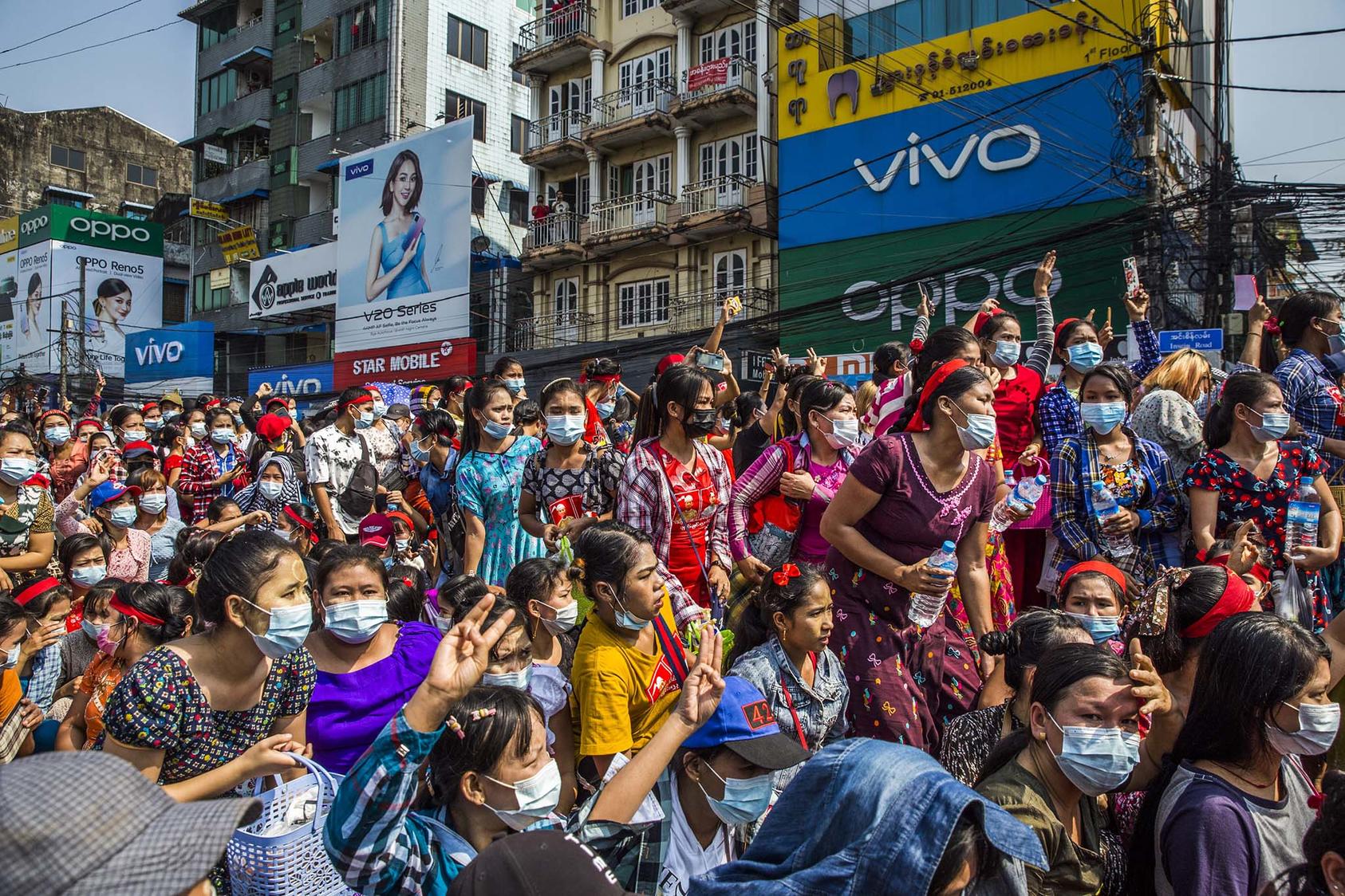 People protest the recent military coup, in Yangon, Myanmar, on Feb. 6, 2021. Despite the danger, women have been at the forefront of the protest movement, rebuking the generals who ousted a female civilian leader. (The New York Times)