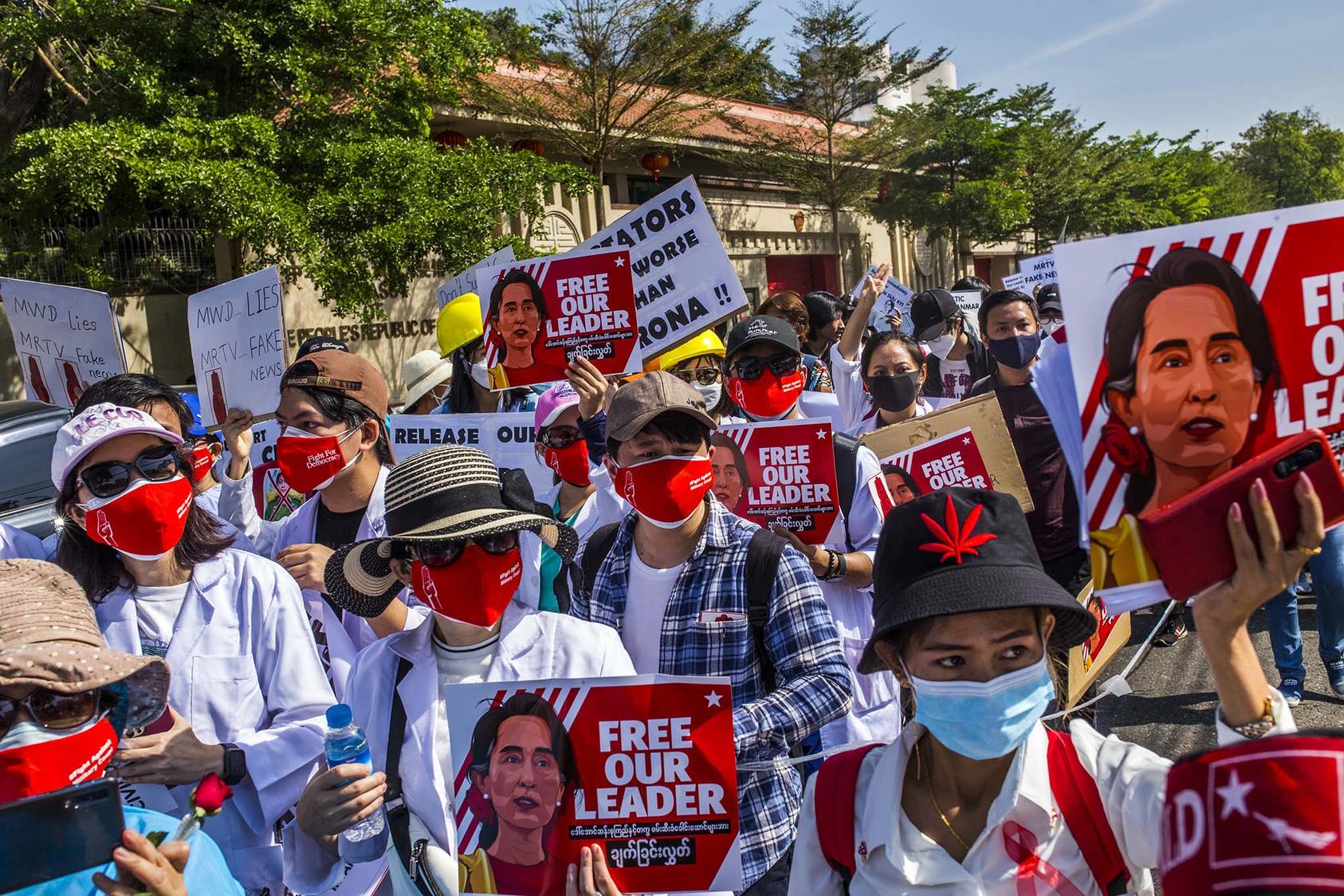 Protesters gathered at the Chinese embassy in Yangon, Myanmar to call on China to withhold support for Myanmar’s military government. Feb. 12, 2021. (The New York Times)