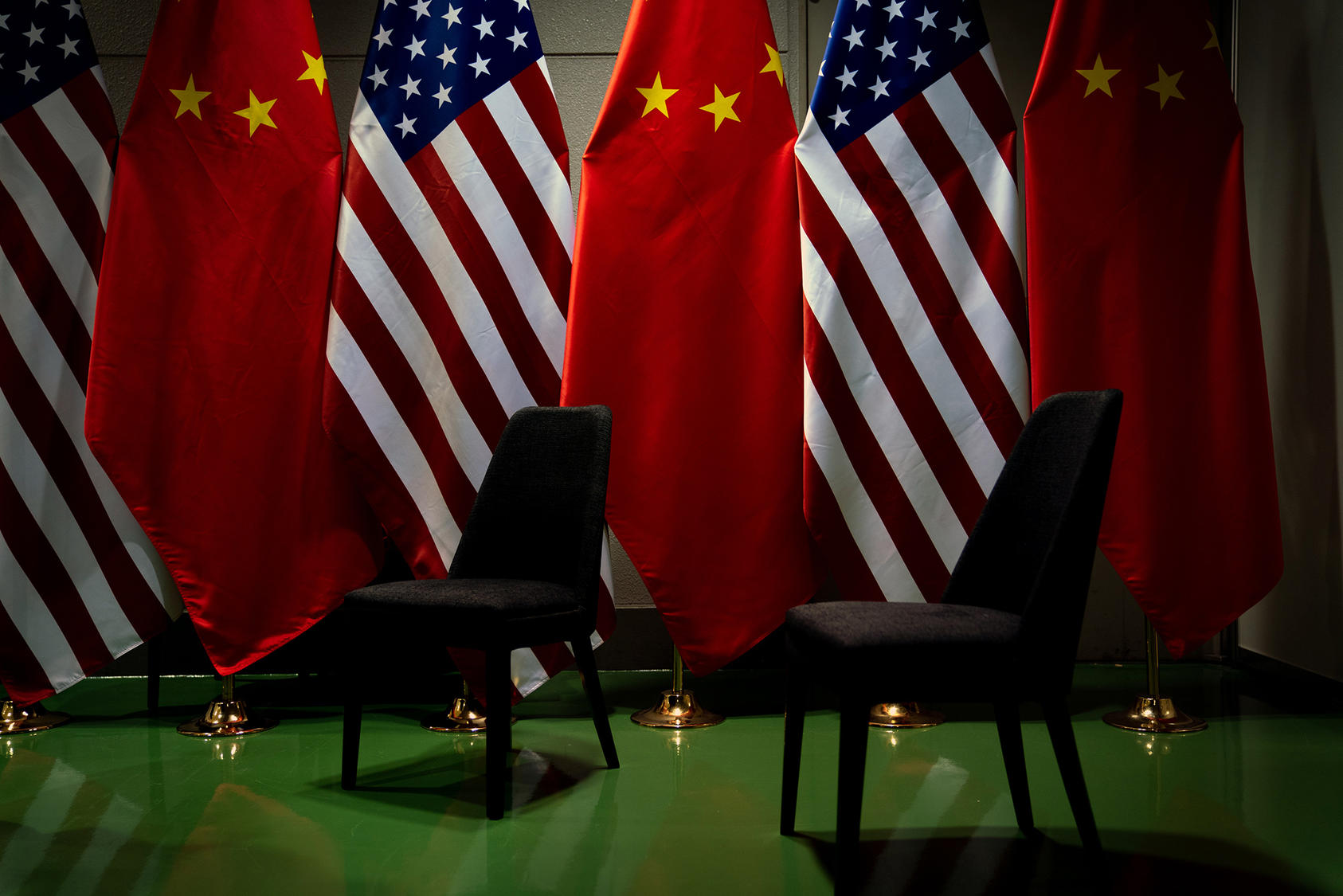 Flags at a U.S.-China bilateral meeting during the G20 summit in Osaka, Japan, in June 2019. (Erin Schaff/New York Times)