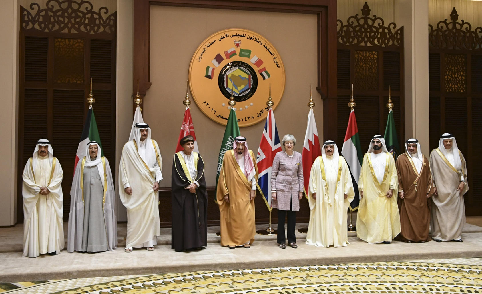 Leaders of the Gulf Cooperation Council (GCC) and former UK Prime Minister Theresa May at a 2016 GCC summit in Bahrain. (Tom Evans/Crown Copyright)