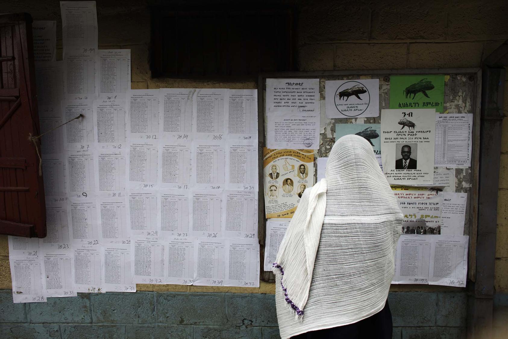 An Ethiopian woman reads election posters at a voter registration center, near the national palace in Addis Ababa, Ethiopia, May 19, 2010. (Ed Ou/The New York Times)