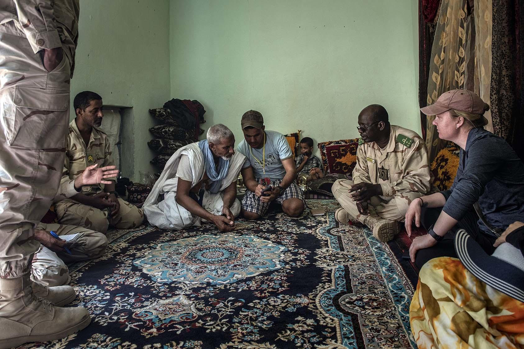 Mauritanian military personnel and U.S. Army officers conduct community leader engagements in a village near Atar, Feb. 20, 2020. (Laetitia Vancon/The New York Times)