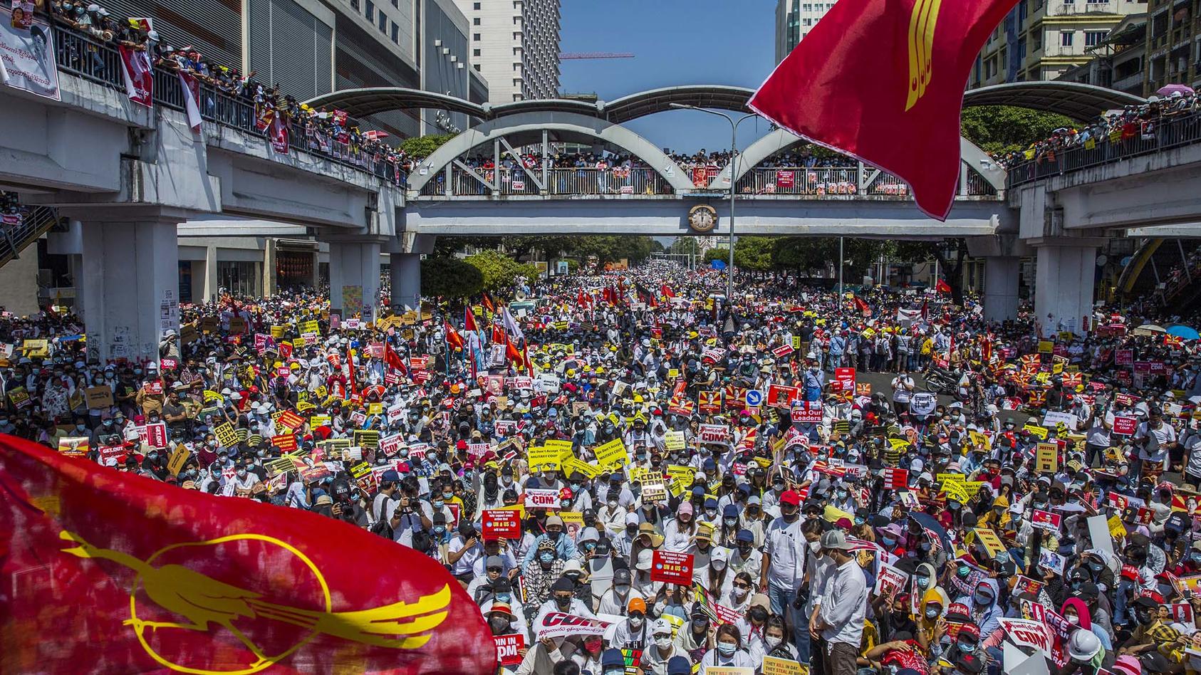 Hundreds of thousands of protesters gathered in Yangon, Myanmar on Wednesday, Feb. 17, 2021, demonstrating against the recent military coup. (The New York Times)