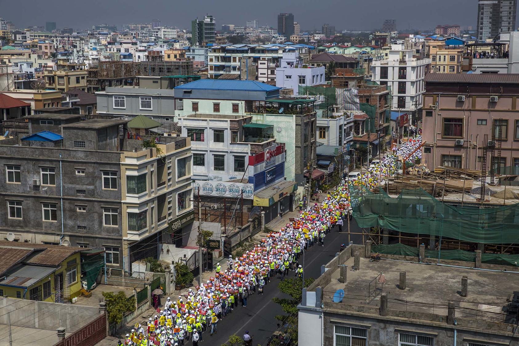 Protesters against the government coup in Mandalay, Myanmar, Feb. 26, 2021. (The New York Times) 
