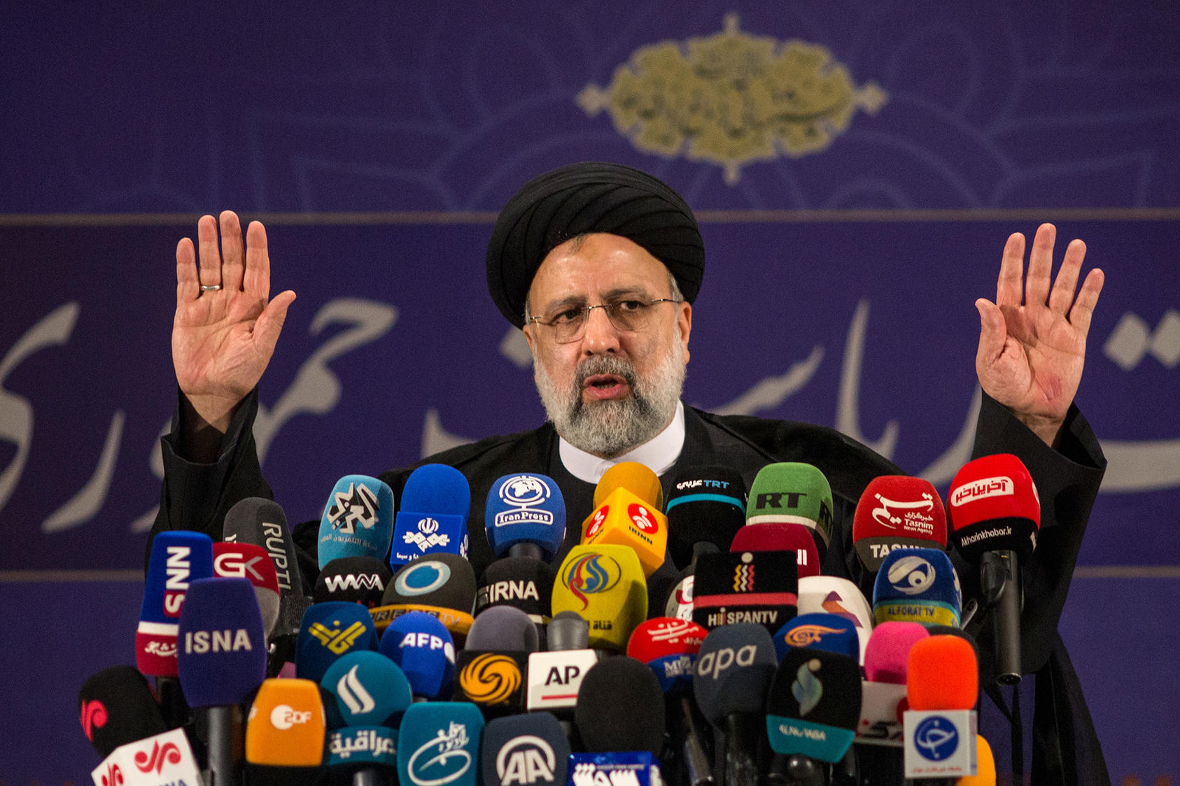 Iran’s then-judiciary chief Ebrahim Raisi speaks in Tehran on Saturday, May 15, 2021, after being registered to run in the presidential election. (Arash Khamooshi/The New York Times)