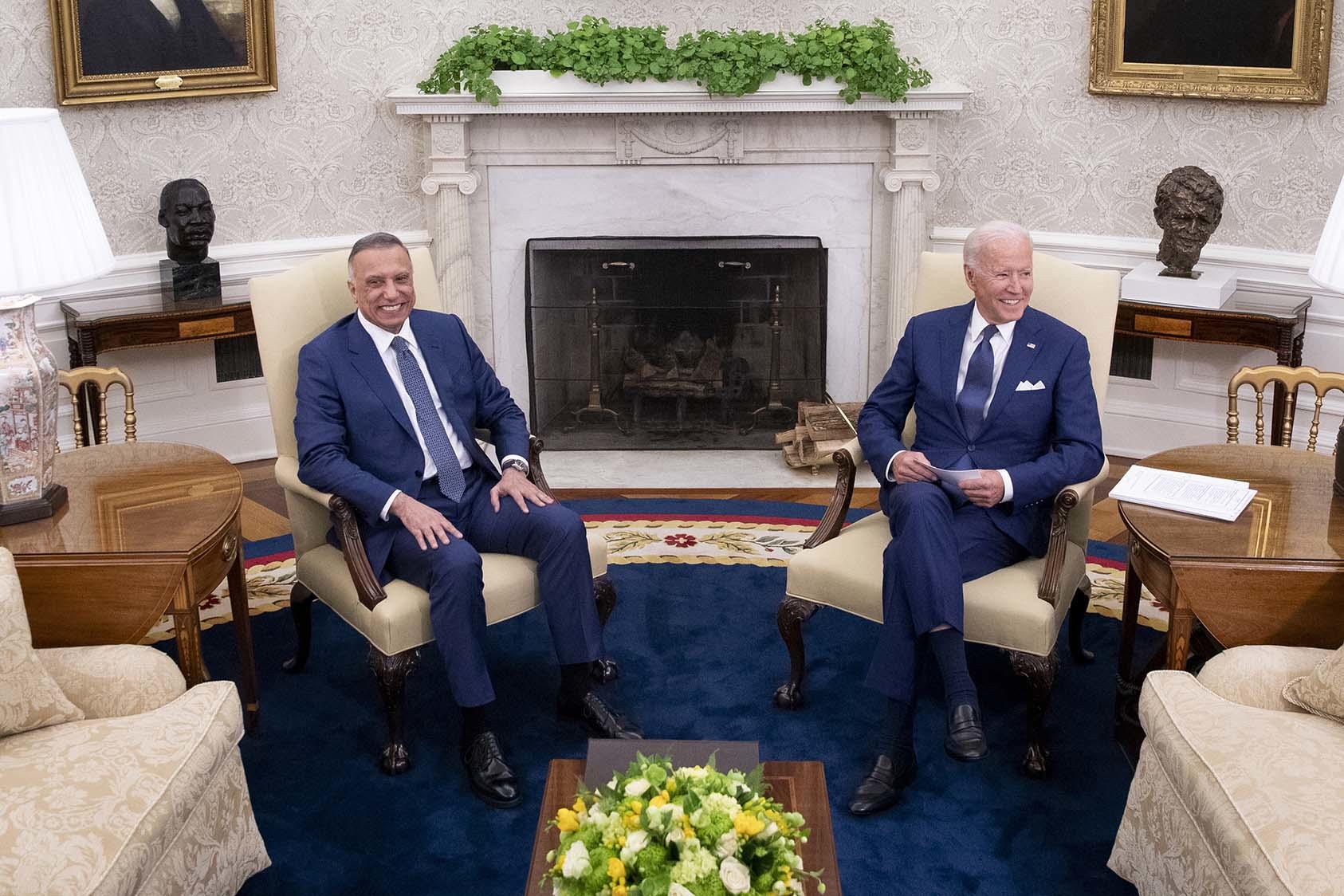 President Joe Biden meets with Iraqi Prime Minister Mustafa al-Kadhimi, left, in the Oval Office of the White House in Washington, on Monday, July 26, 2021. (Tom Brenner/The New York Times)