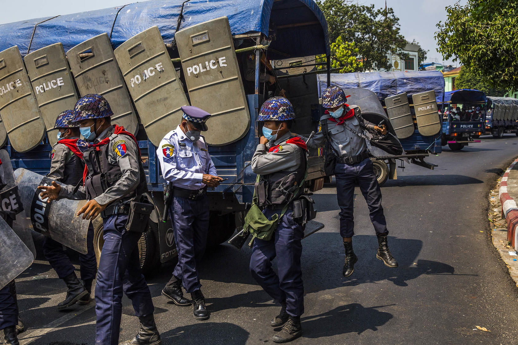 Riot police officers in Yangon, Myanmar, Feb. 22, 2021. (The New York Times)
