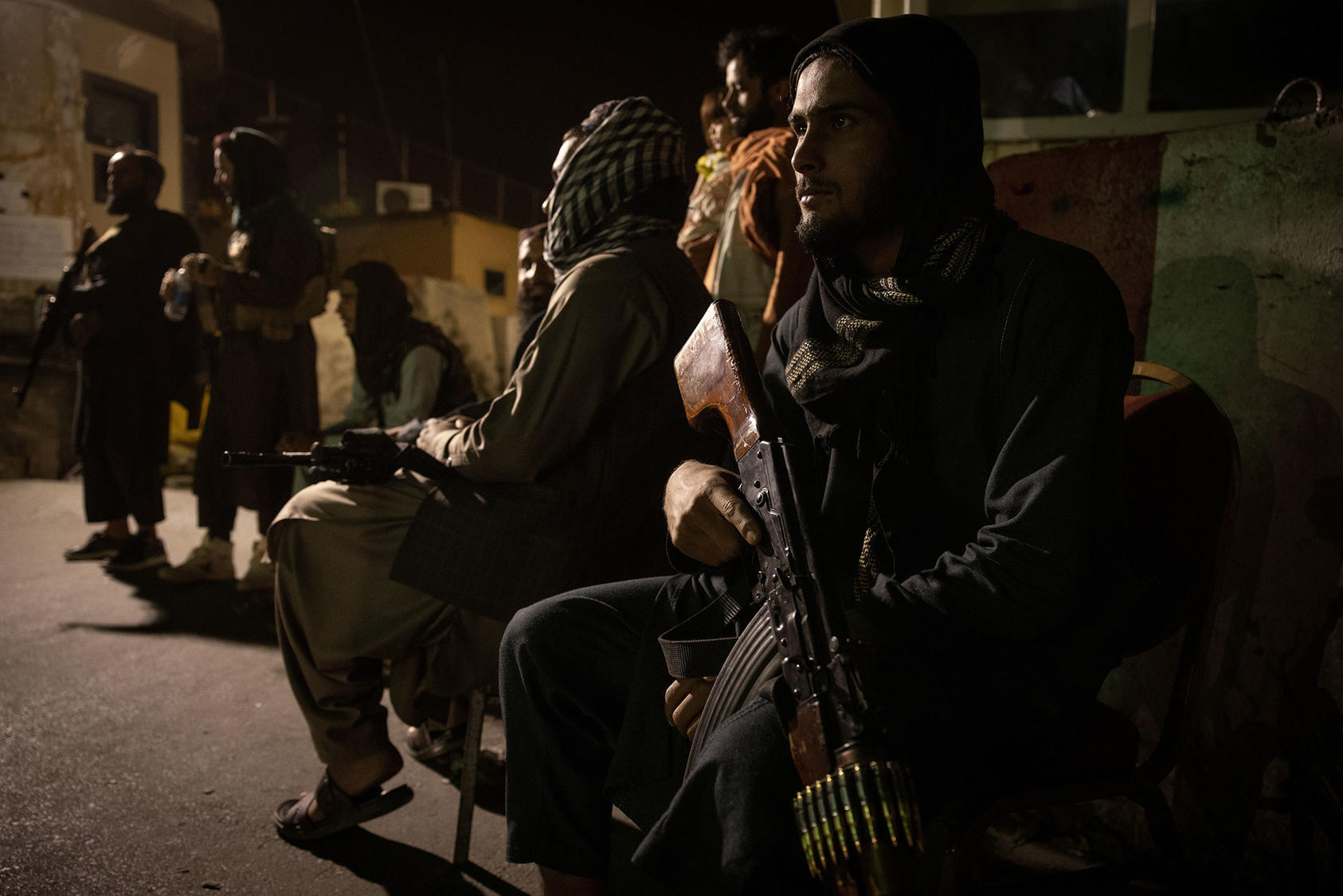Taliban fighters at a checkpoint in central Kabul, Afghanistan on Tuesday evening Aug. 17, 2021. (Jim Huylebroek/The New York Times)