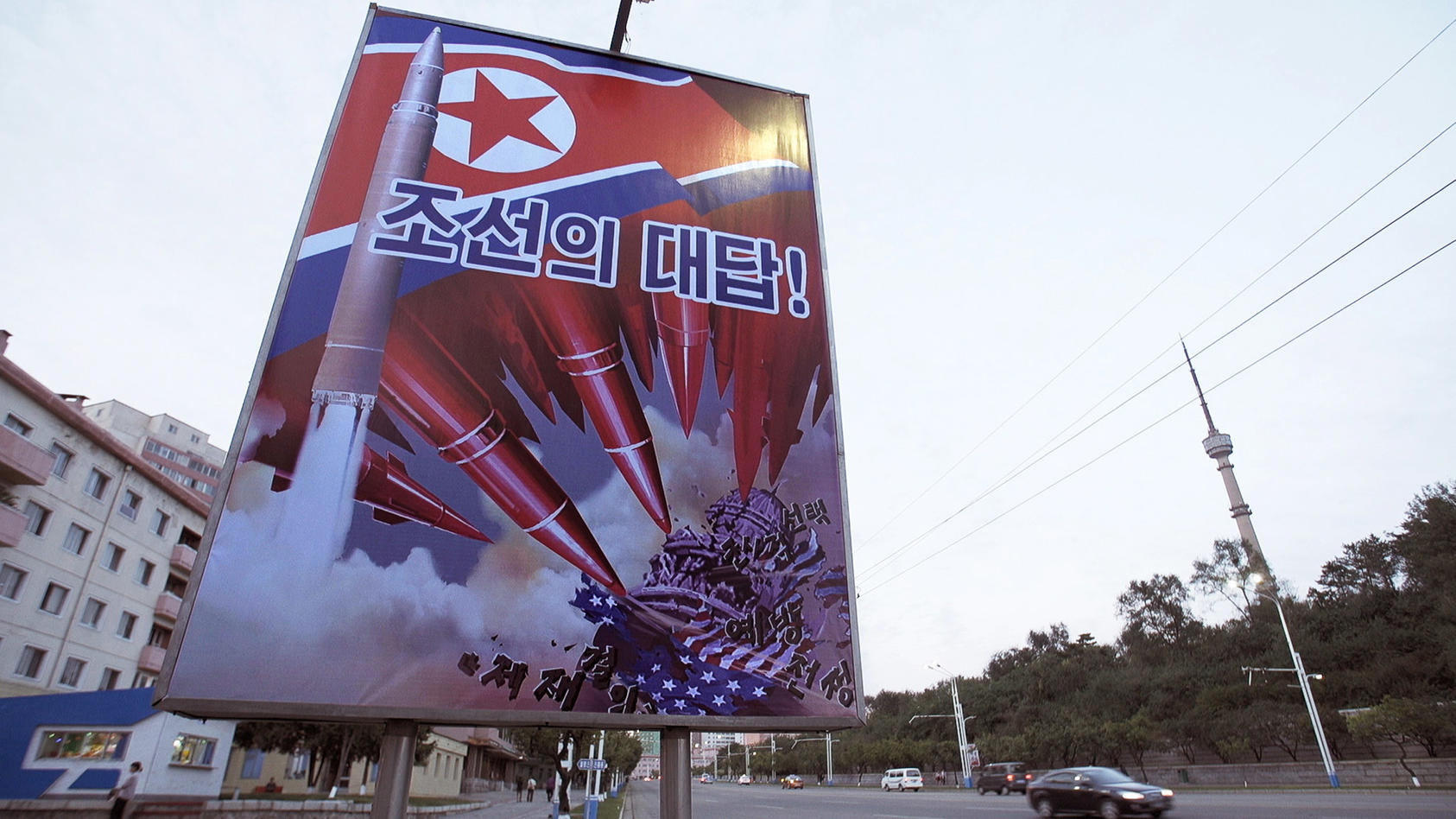 An anti-American propaganda poster on a main street in the Pyongyang, North Korea. October 4, 2017. (Jonah M. Kessel/The New York Times)