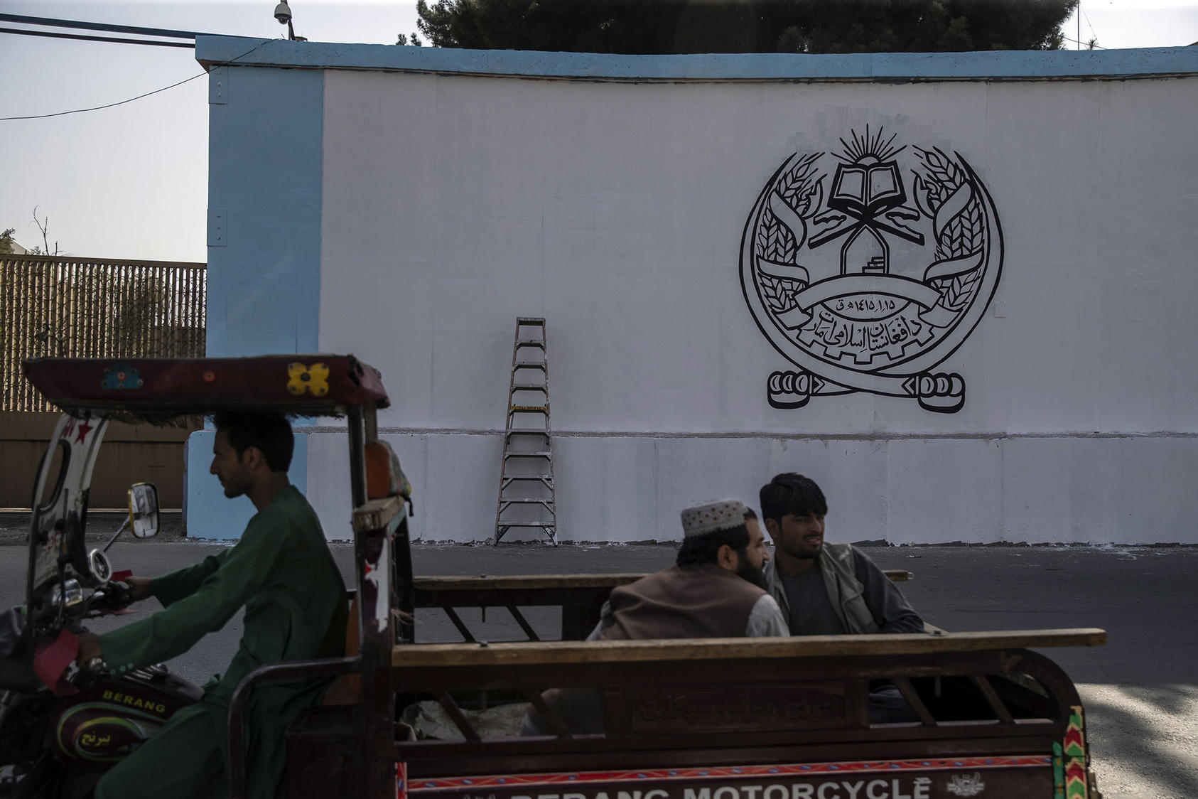 The seal of the Islamic Emirate of Afghanistan is painted on a wall around the former U.S. Embassy in Kabul. Monday, Sept. 6, 2021. (Victor J. Blue/The New York Times)