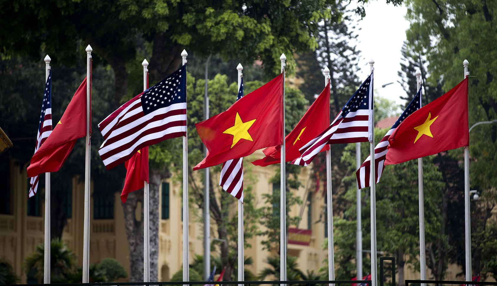 The national flags of Vietnam and the United States fly in Hanoi, Vietnam. May 23, 2016. (Doug Mills/The New York Times)